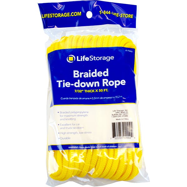Product image of a braided tie-down rope with Life Storage branding.