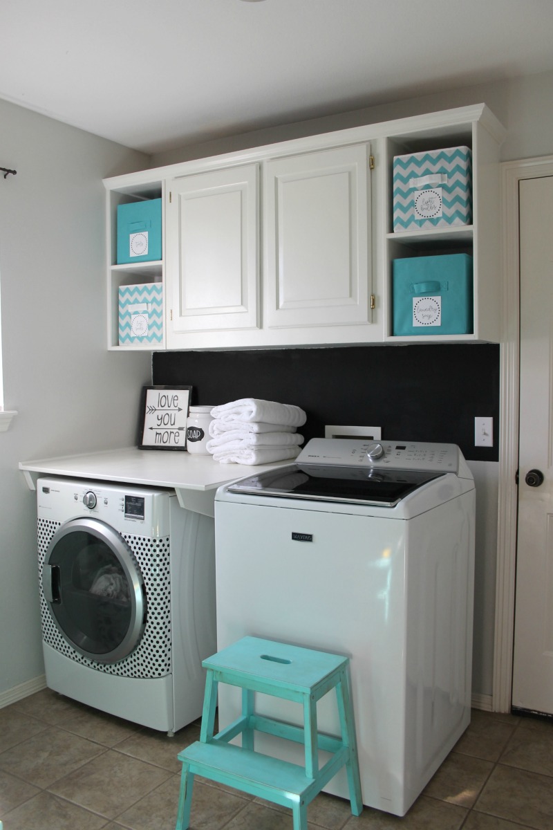 Basement Laundry Room Organizing with Teal Bins