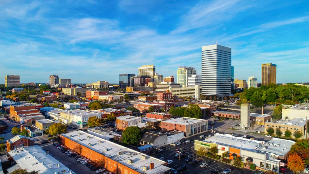 Downtown Columbia, South Carolina skyline with mix of high-rise and low-rise buildings on clear day