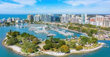 Daytime aerial view of the Downtown Sarasota skyline and the marina