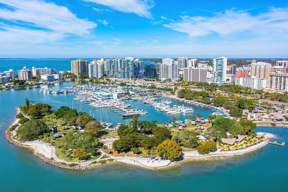 Daytime aerial view of the Downtown Sarasota skyline and the marina